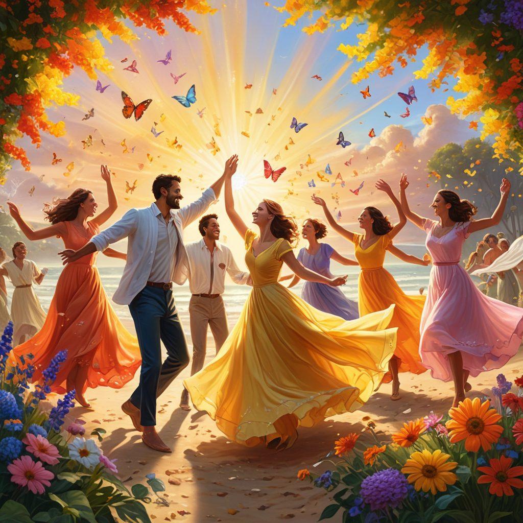 A vibrant and colorful scene showcasing a diverse group of people joyfully engaging in various activities like dancing, painting, and conversing. The background features a radiant sun shining down, symbolizing positivity and energy, with waves of colorful sound vibrations radiating outwards. Add elements of nature, such as flowers and butterflies, to enhance the uplifting atmosphere. super-realistic. vibrant colors. 3D.