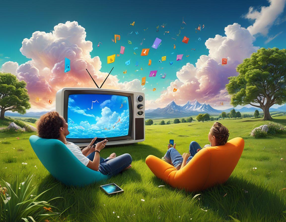 A vibrant, whimsical landscape filled with colorful streaming icons, happy characters enjoying various forms of entertainment like movies, music, and games. Showcase a sunlit sky with floating clouds that resemble television screens and musical notes, symbolizing joy and connectivity. Include a diverse group of people relaxing on soft grass, engaging with their devices, and laughing together. The overall atmosphere should radiate happiness and excitement about streaming entertainment. super-realistic. vibrant colors. white background.